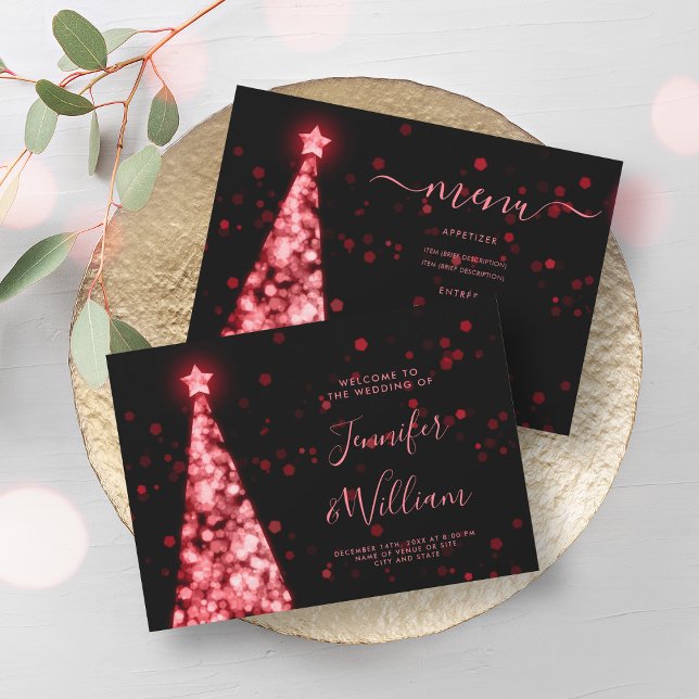 Convites Árvore Vermelha Negra Festiva de Natal (Festive Xmas Tree Red Black Wedding Menu Invitation)