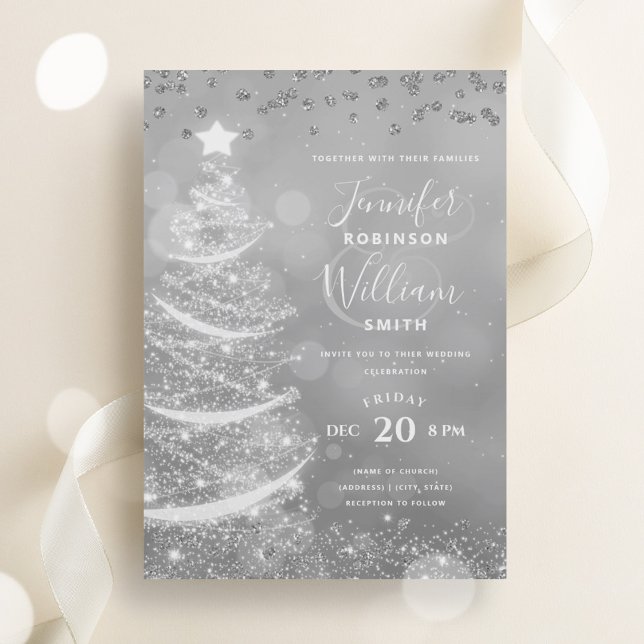 Convites Árvore Xmas de Casamento Festivo Elegante (Elegant Festive Silver Wedding Xmas Tree Invitation)
