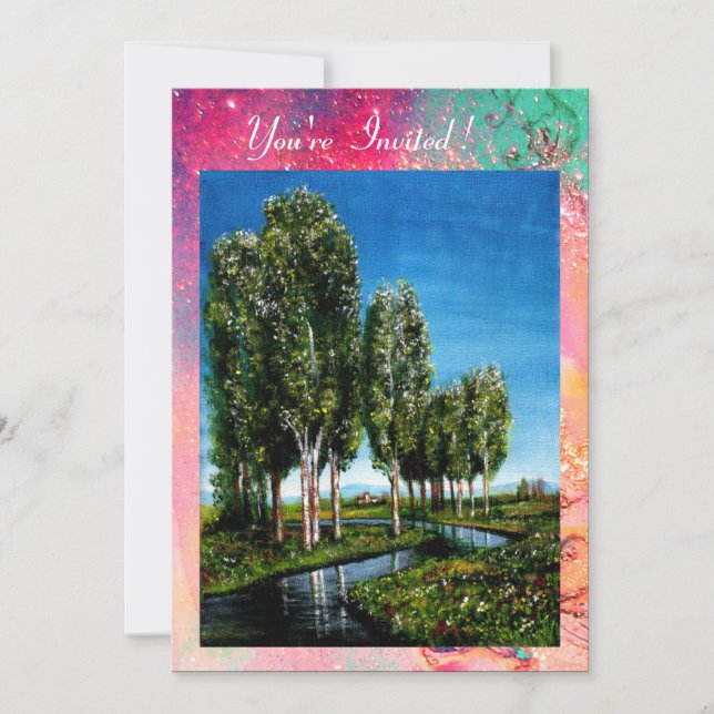 Convites ÁRVORES BIRCH NA TOSCANA,verde rosa dourado brilho (Frente)
