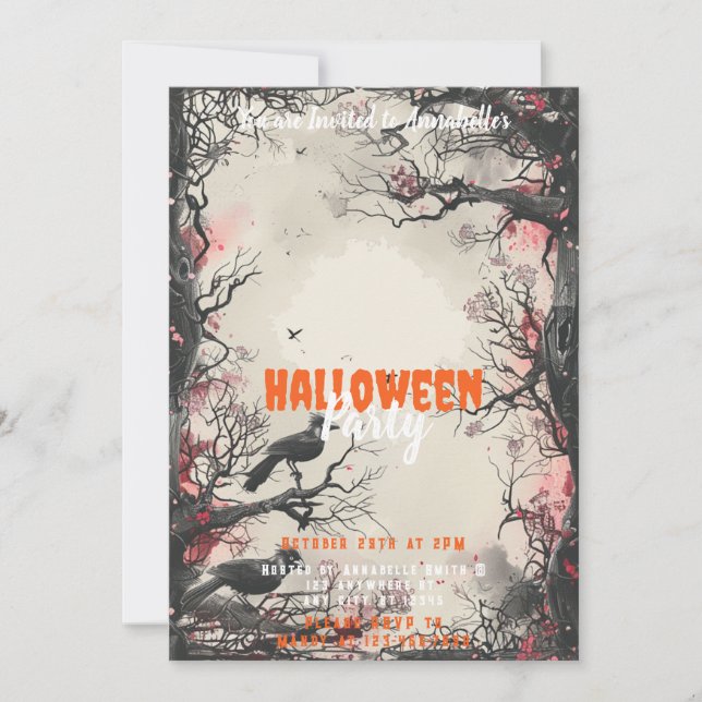 Convites Árvores Bonitas Pássaros Pretos Festa de Halloween (Frente)