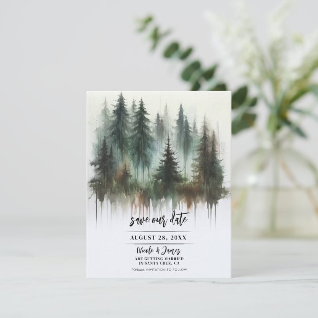 Convites Árvores de Aquarela Selvagem Rústica Salva a Data (Em pé/Frente)