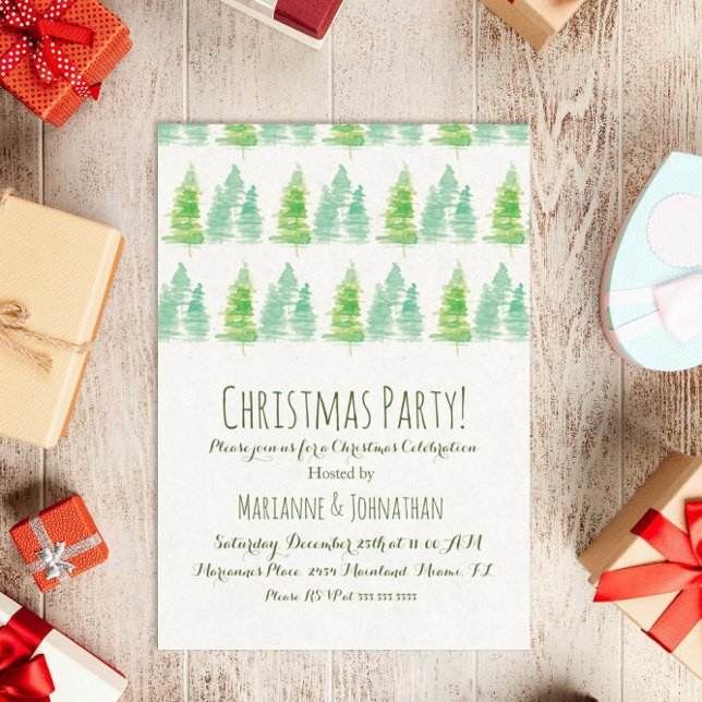 Convites Árvores de Natal de Férias Pintadas com Aquarela (Criador carregado)