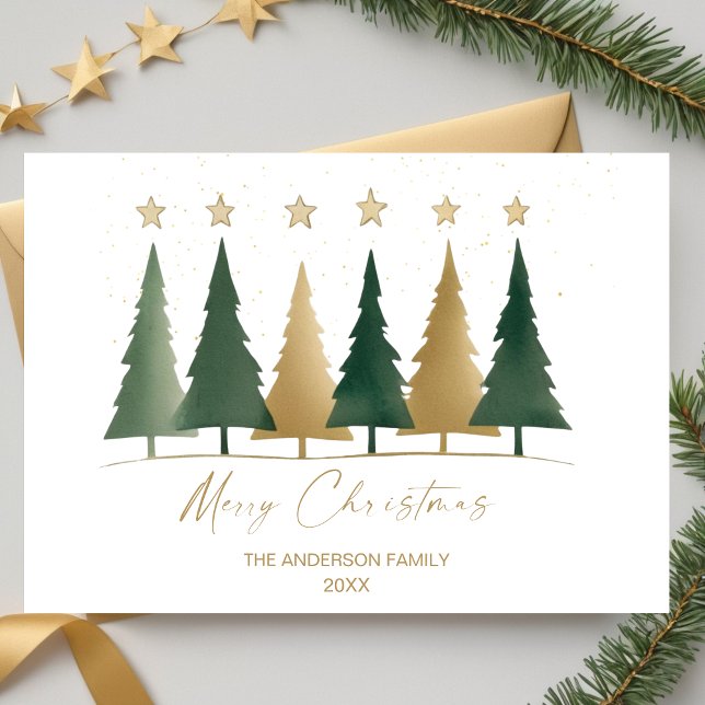 Convites Árvores de Natal Mínimas Brancas e Douradas (White & Gold Minimalist Modern Christmas Trees Invitation)