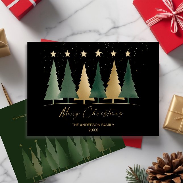 Convites Árvores de Natal Mínimas Pretas e Douradas (Black & Gold Minimalist Modern Christmas Trees Invitation)