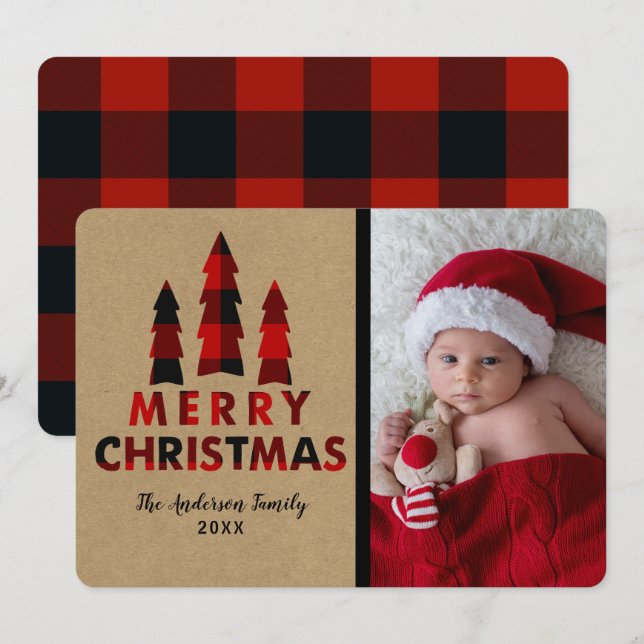 Convites Árvores de Natal Vermelhas Xadrez Kraft Férias (Frente/Verso)