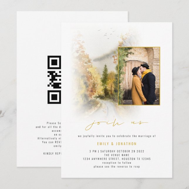 Convites Árvores de Outono em Aquarela Foto QR Junte-se a N (Frente/Verso)