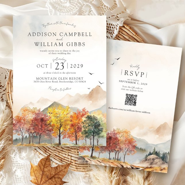 Convites Árvores de Outono em Aquarela Montanha Casamento B (Elegant watercolor Fall Trees forest mountain landscape terracotta Autumn QR code wedding invitation)