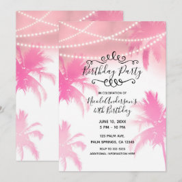 Convites Árvores de Palmeira Rosa Tropical e Luzes Festa de