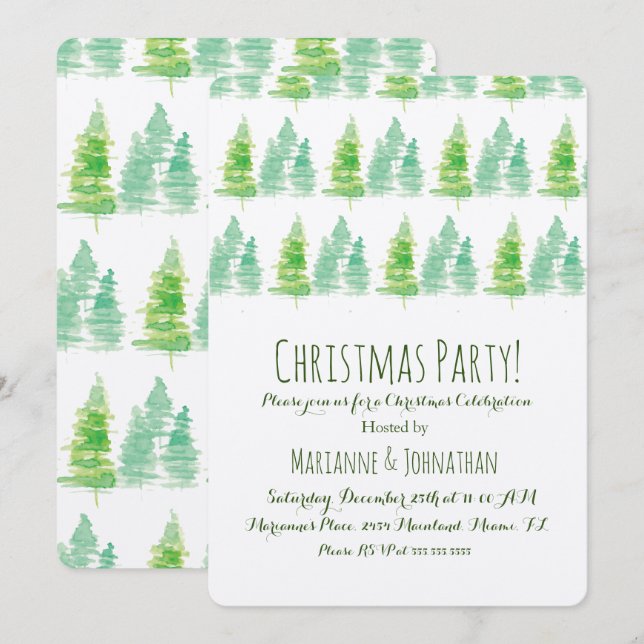 Convites Árvores de Pinheiro de Natal à Mão em Aquarela (Frente/Verso)