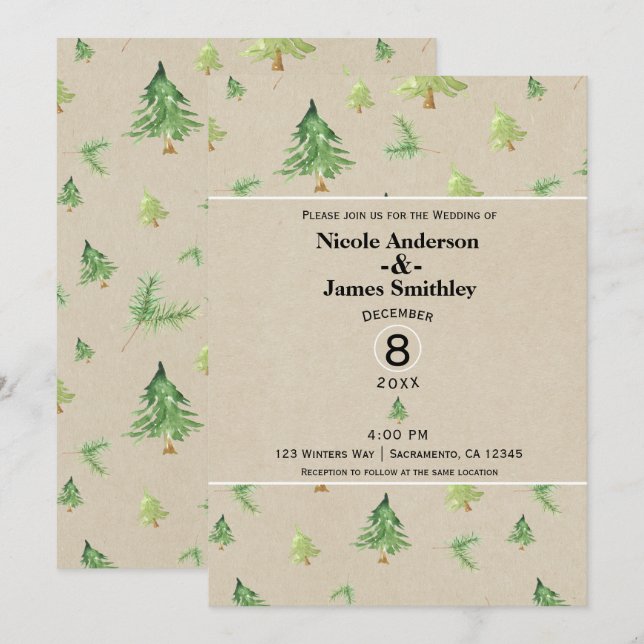 Convites Árvores de Pinheiro em Aquarela Kraft Casamento Rú (Frente/Verso)