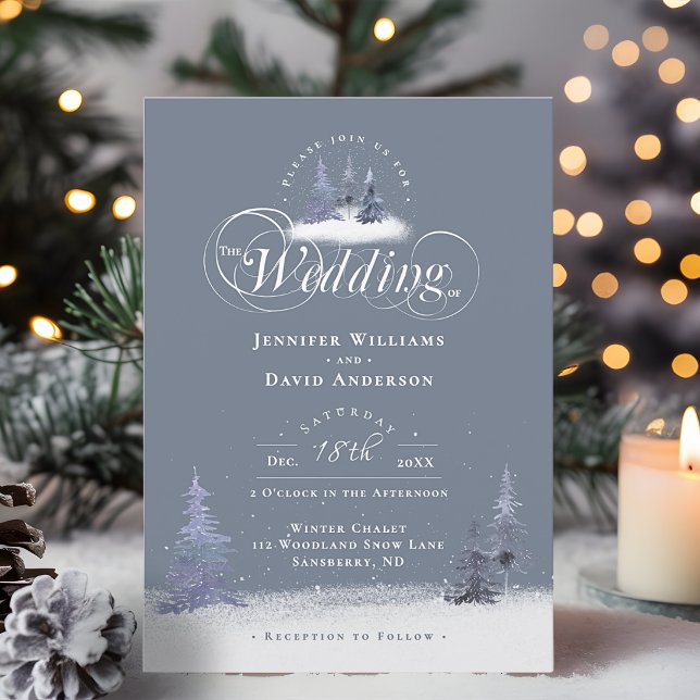 Convites Árvores de Pinheiro Sempre-Verde Escrita Elegante  (Evergreen Pine Trees Elegant Script Winter Wedding Invitation)