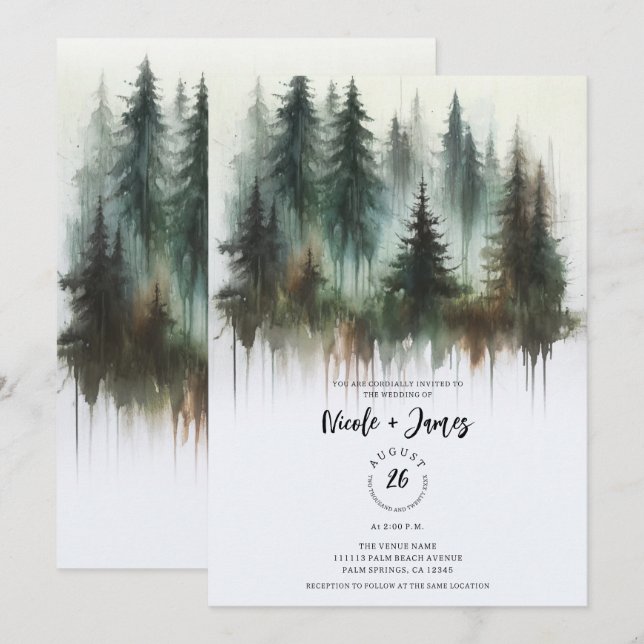 Convites Árvores em Aquarela Casamento Rústico Selvagem (Frente/Verso)