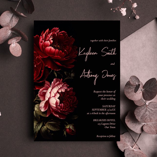 Convites As flores escuras e escuras do casamento. (Moody dark vintage crimson red roses floral wedding all in one invitation template instant download)