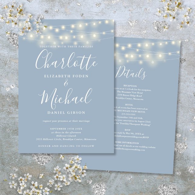 Convites As Luzes De Corda Ficam Azuis Tudo Em Um Casamento (String Lights Dusty Blue All In One Simple Wedding Invitation)