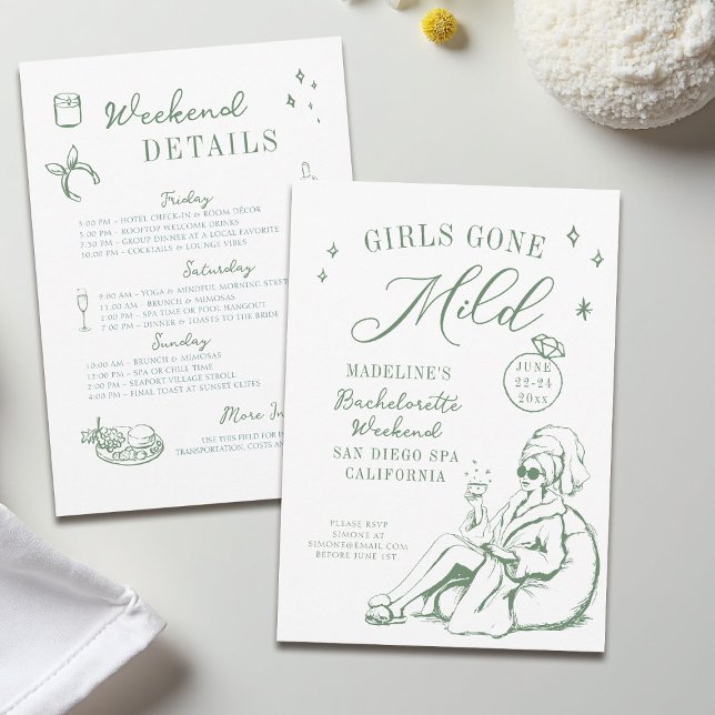 Convites As Meninas Da Bachelorette Saíram De Um Leve Traço (girls gone mild invitation bachelorette weekend itinerary sage green spa hand drawn script doodle)