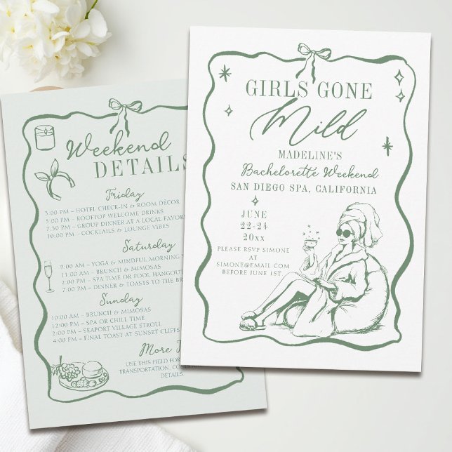 Convites As Meninas da Bachelorette se foram para o Arco De (girls gone mild invitation bachelorette weekend itinerary sage green spa bow frame hand drawn)