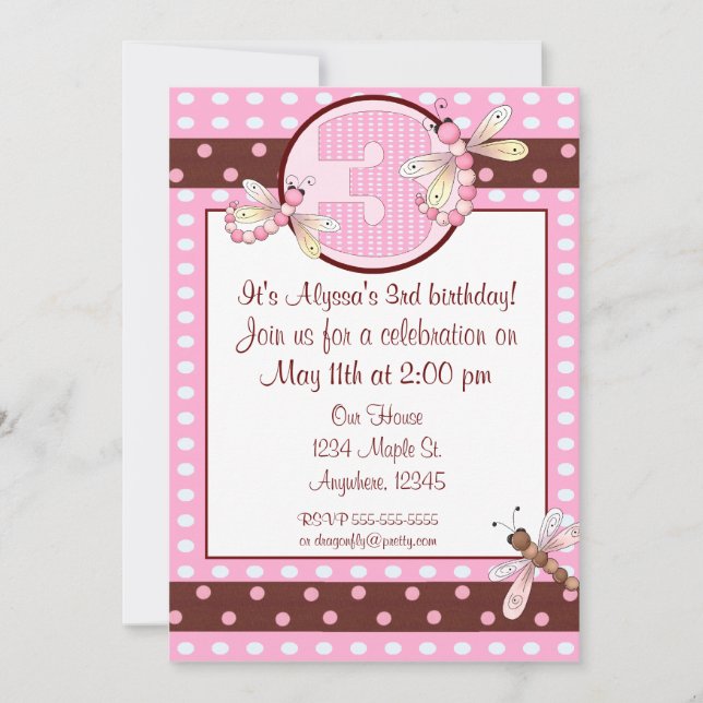 Convites As meninas da libélula do ponto do rosa do partido (Frente)