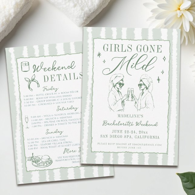 Convites As Meninas De Bachelorette Saíram De Listras Ligei (girls gone mild invitation bachelorette weekend itinerary sage green spa hand drawn stripes)