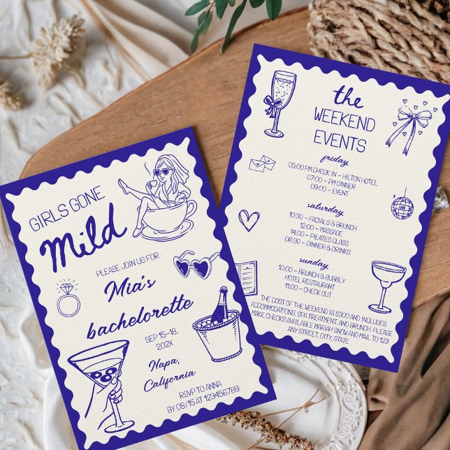 Convites As Meninas Ficaram Ligeiras, Desenhando A Mão De B (Girls Gone Mild Bachelorette Weekend Invitation Blue Hand Drawn Spa Day Casual Cute)