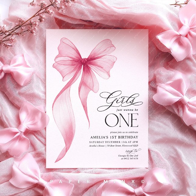 Convites As meninas só querem ser UMA Festa de 1º Aniversár (Girl's just wanna be one! Pink Bow 1st birthday party invite)