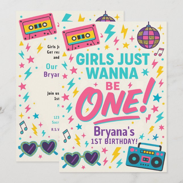 Convites As meninas só querem ser UMA Festa de 1º Aniversár (Frente/Verso)