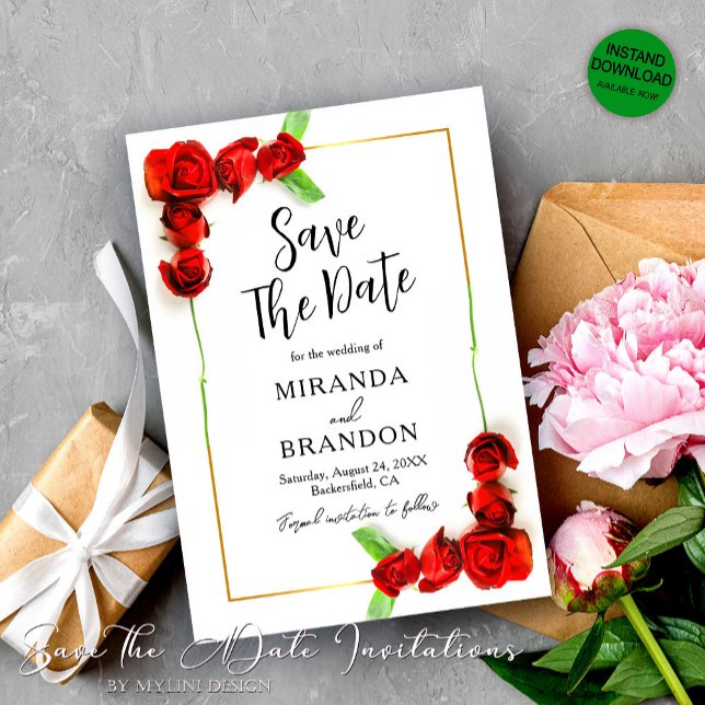 Convites As Rosas vermelhas De Quadro Dourado Floral Elegan (Criador carregado)