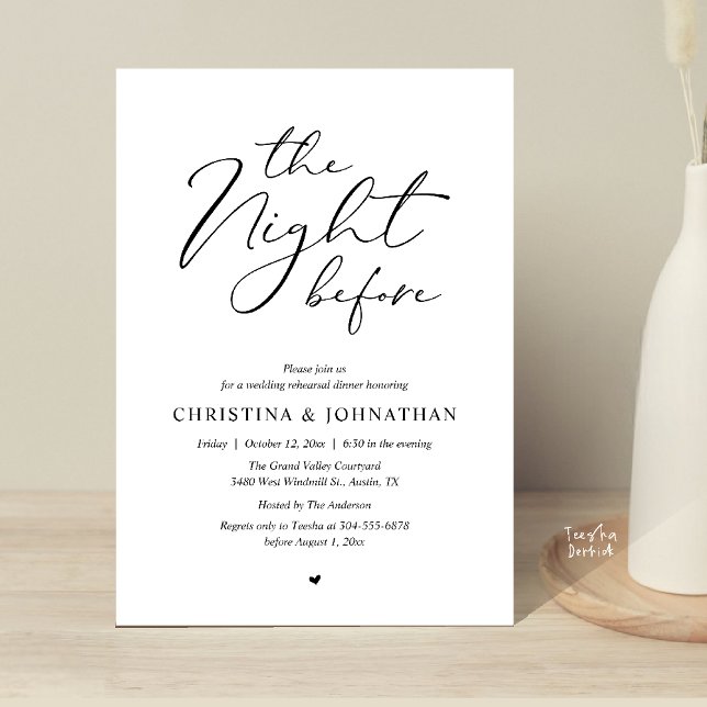 Convites “Às Vésperas” Jantar de Ensaios com Letra Elegante (“The Night Before” Elegant Script Romantic Rehearsal Dinner Invitation Card Black White)
