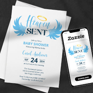 Convites Asas de Anjo Azul Enviadas do Céu Chamada Baby Sho
