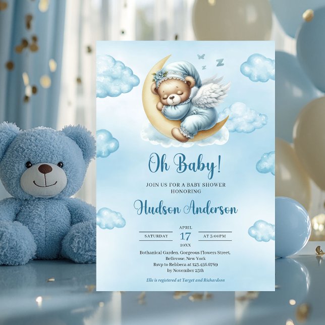 Convites Asas de anjo de ursos de pelúcia dormindo sobre a  (teddy bear sleeping over the moon with wings boy baby shower invitation)