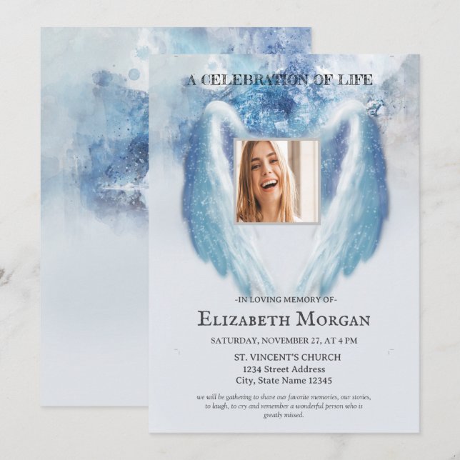 Convites Asas de Anjo Foto Azul Celebração da Vida (Frente/Verso)