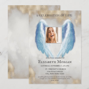 Convites Asas de Anjo Foto Dourada Celebração da Vida