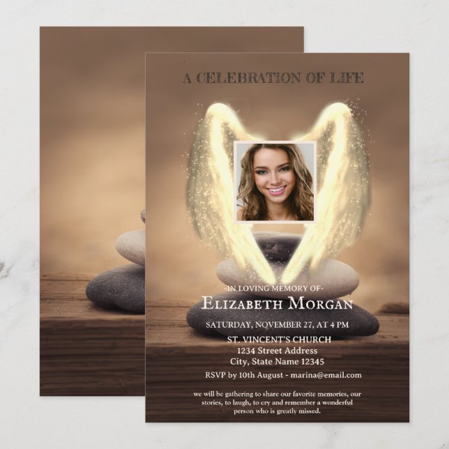 Convites Asas de Anjo Zen Pedras Foto Celebração da Vida (Frente/Verso)