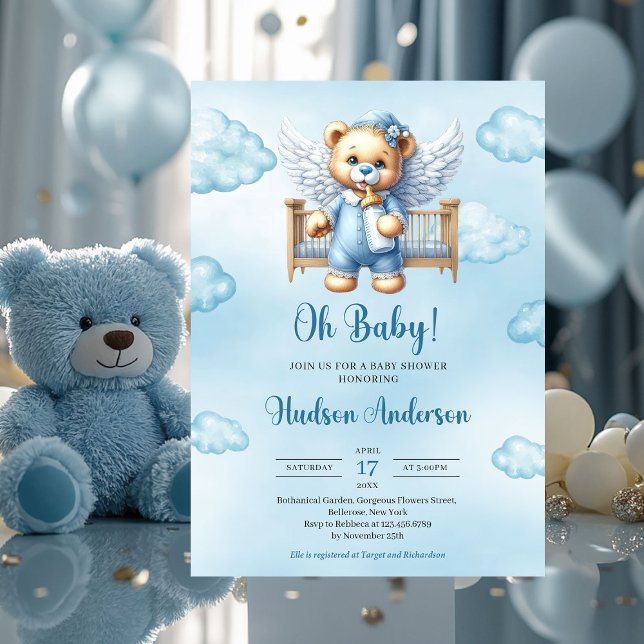 Convites Asas de ursos de pelúcia com berço de bebê (teddy bear angel in  baby crib - boy baby shower invitation)