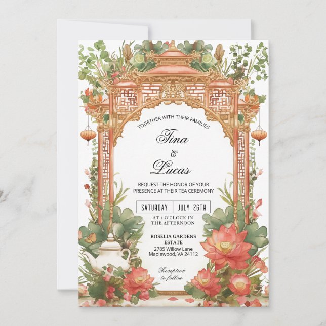 Convites Asian Lotus Tea Ceremony Wedding Invitation (Frente)