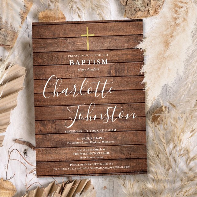 Convites Assinatura de Madeira Rústica Batismo Batizado (Rustic Wood Signature Script Baptism Christening Invitation)