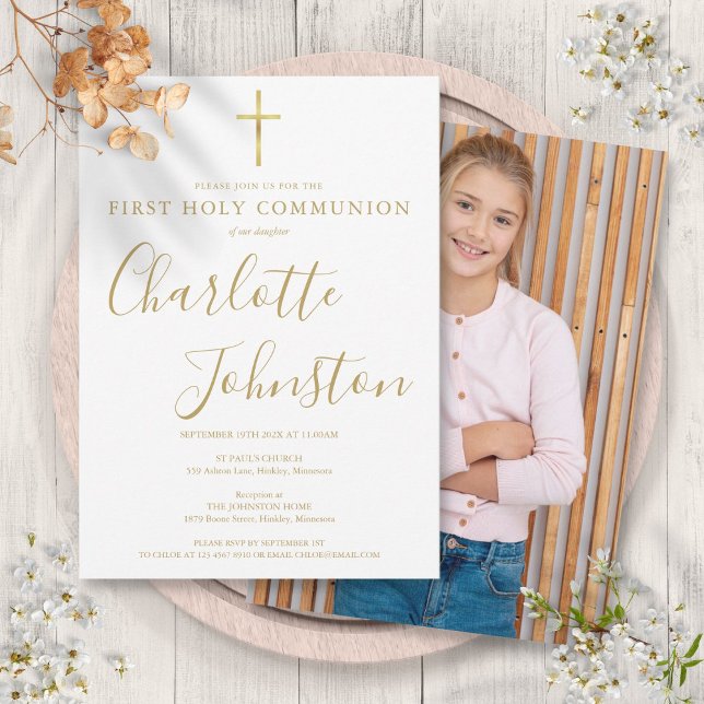 Convites Assinatura do Ouro Moderno Primeira Foto Sagrada d (Modern Golden Signature First Holy Communion Photo Invitation)