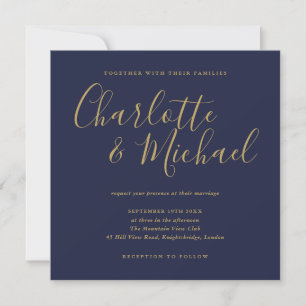 Convites Assinatura Elegante Casamento Azul Navy Dourado