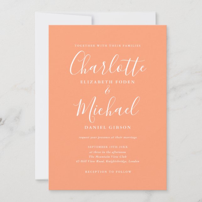 Convites Assinatura Elegante Casamento Pêssego Script (Frente)