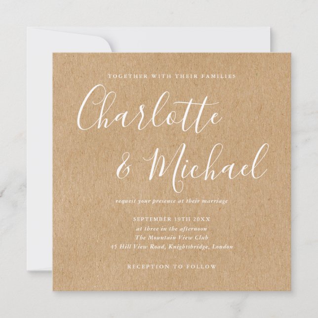 Convites Assinatura Elegante Casamento Rústico Kraft Script (Frente)