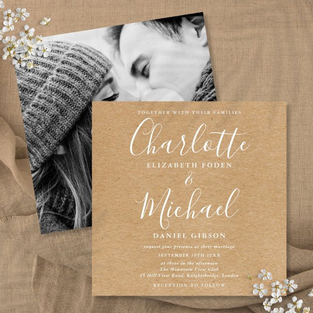 Convites Assinatura Elegante Fotografia de Casamento Rústic (Elegant Signature Rustic Kraft Wedding Photo Invitation)