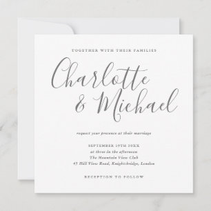 Convites Assinatura Elegante Script Cinza e Branco Casament