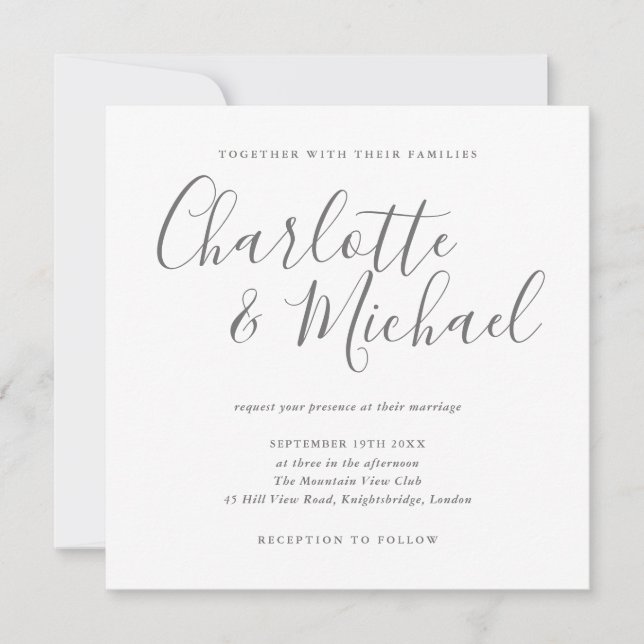 Convites Assinatura Elegante Script Cinza e Branco Casament (Frente)