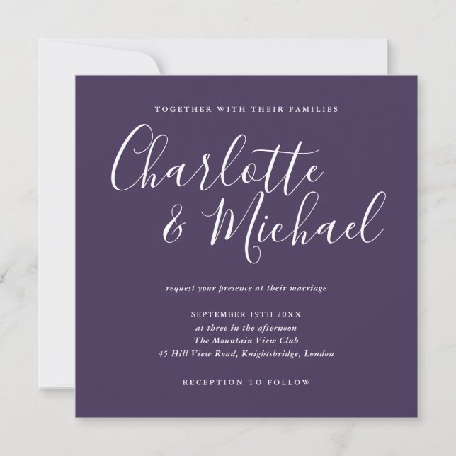Convites Assinatura Elegante Script Roxo Casamento (Frente)