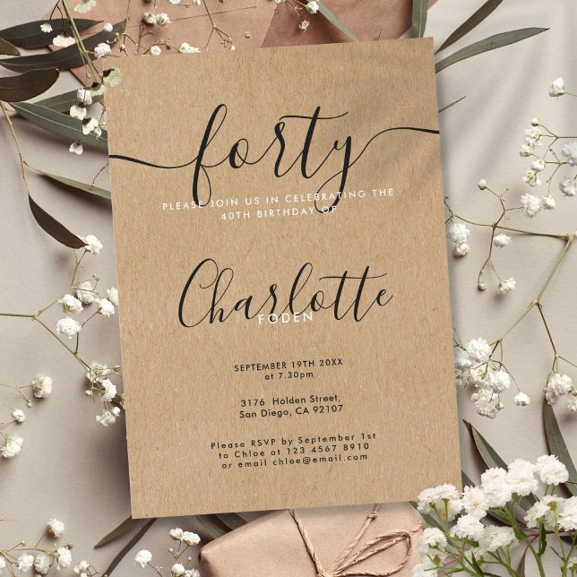 Convites Assinatura Rustic Kraft 40 Anos (Signature Rustic Kraft 40th Birthday Invitation)