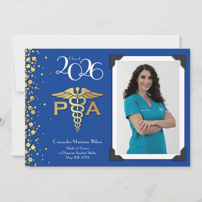 Convites Assistente Médico Graduado Azul Dourado (Frente)