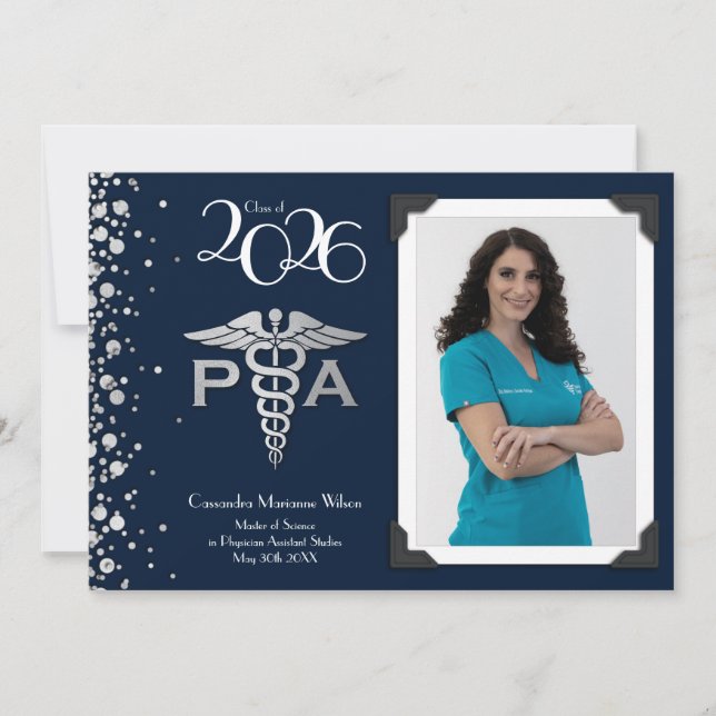Convites Assistente Médico Graduado Azul Marinho Prata (Frente)
