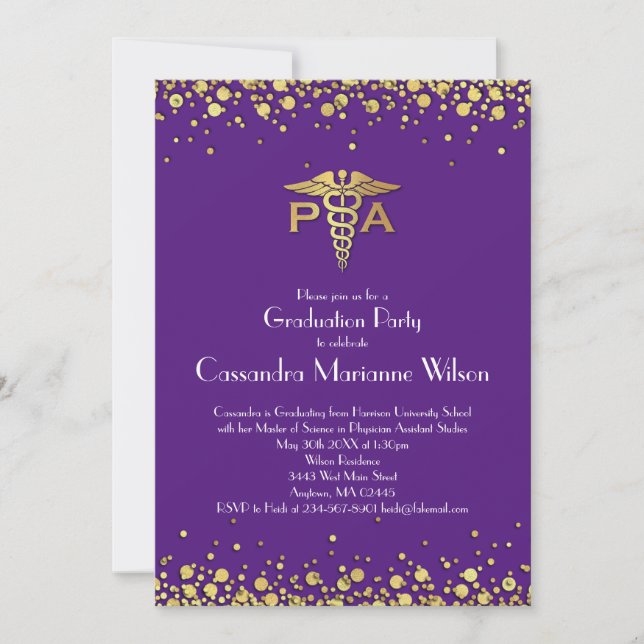Convites Assistente Médico Gradução Roxo Dourado (Frente)