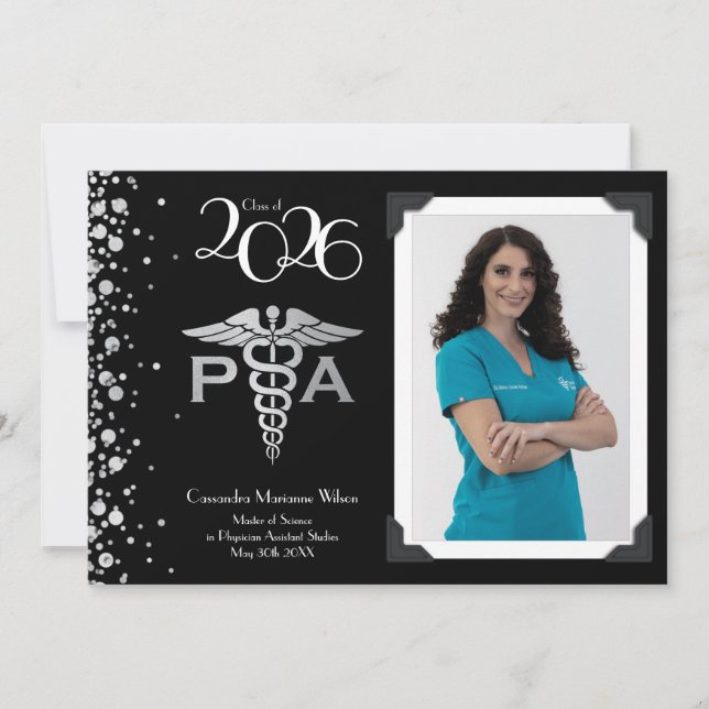 Convites Assistente Médico PA Graduação Preto Prata (Frente)