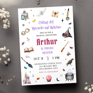 Convites Assistentes e Bruxas Aquarela Aniversário da Magia