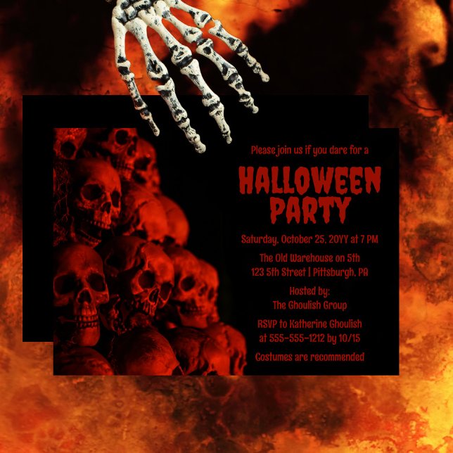 Convites Assustador e Assustador, Festa de Halloween (Creepy and spooky and oh so scary red skulls "Halloween Party" invitation.)